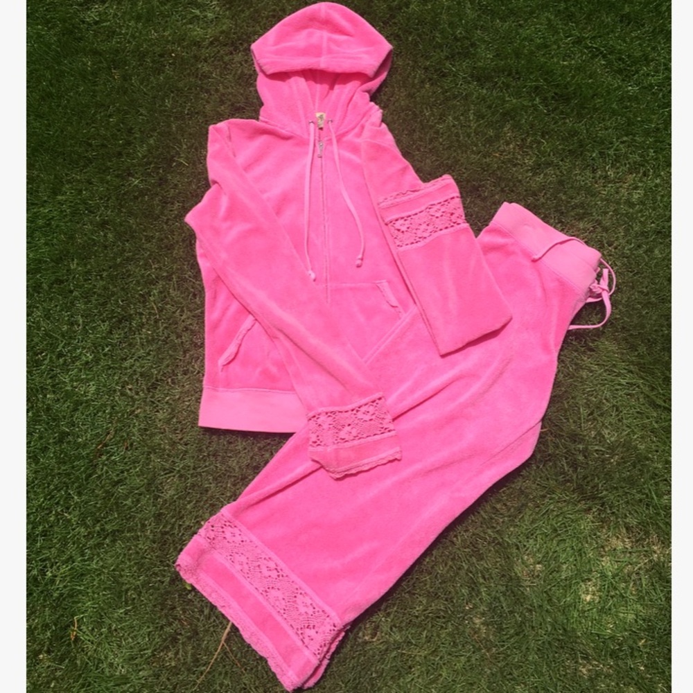 Pink Terry Cloth Capris Pant Zip Up Hoodie Jacket